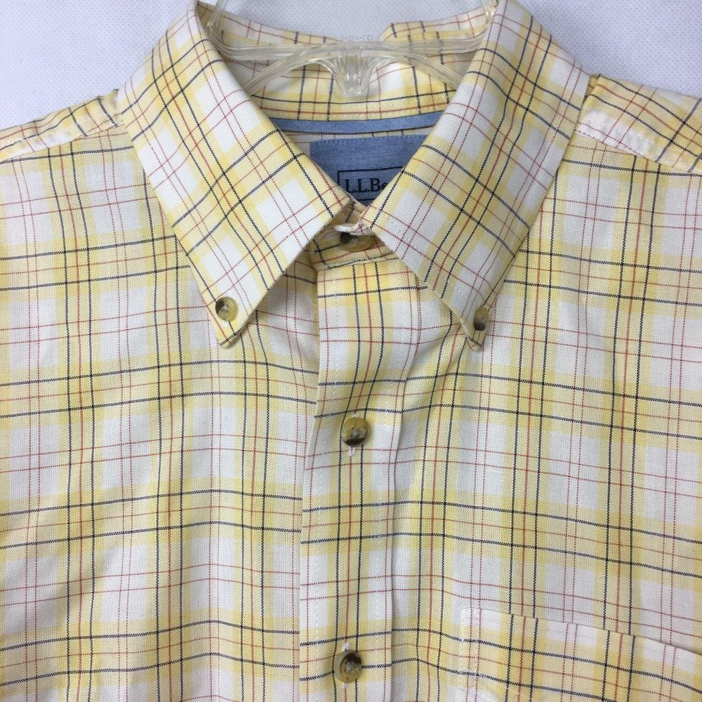 LL Bean Yellow Plaid Button Down Dress Shirt Sz M